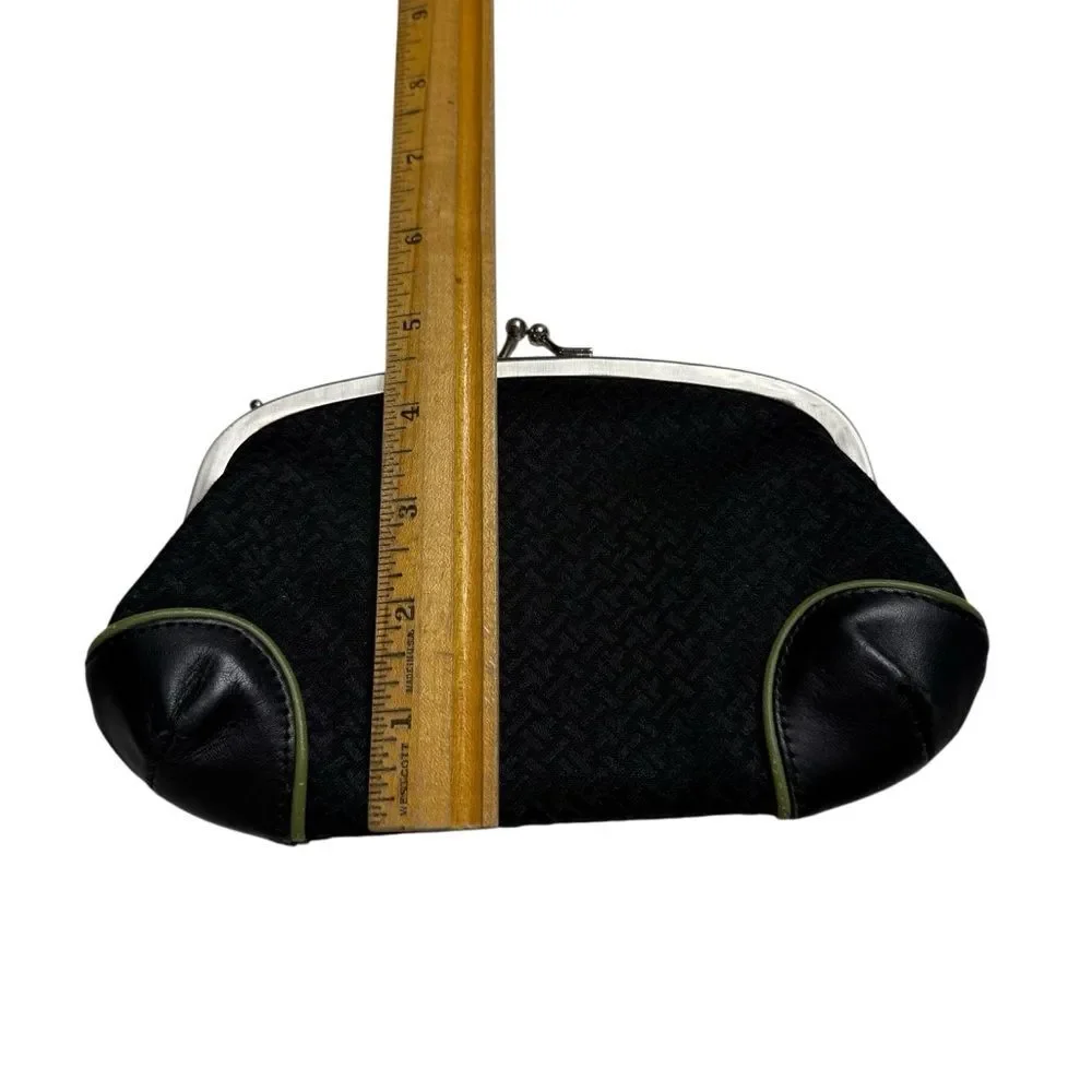 Talbots Leather & Fabric Kiss Lock Mini Clutch Black Green Piping